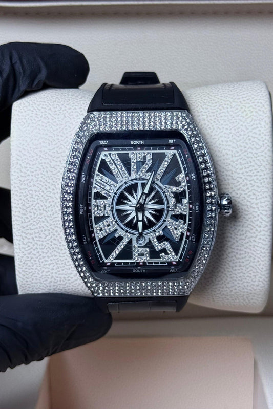 FM Black leather strap with white diamond watch