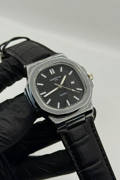 MARTIN black dial with black leather strap watch