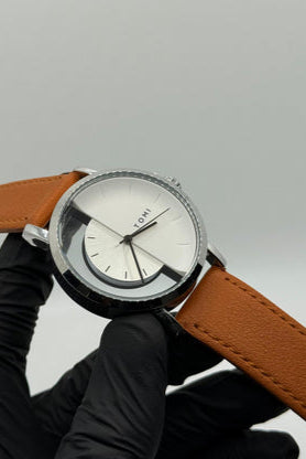 TOMI transparent dial with bronze leather strap