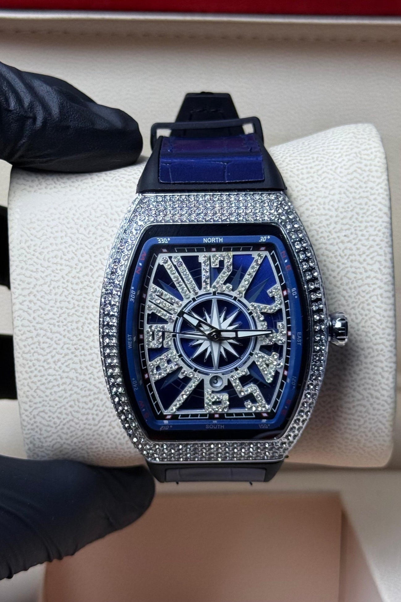 FM blue strap with white diamond watch