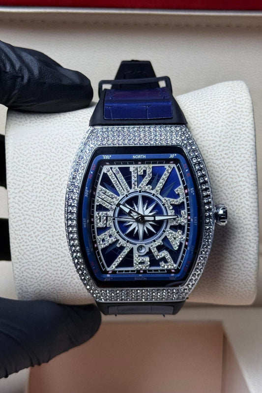 FM blue strap with white diamond watch
